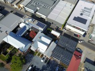 Main 50kWp solar array over carpark with additional arrays on other rooftops. Further solar has subsequently been added.
